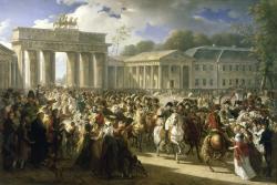 Pour représenter l’entrée officielle de Napoléon dans la capitale de la Prusse le 27 octobre 1806, Charles Meynier (peintre de la grande épopée militaire sous l’Empire) s’est appuyé sur le texte du vingt et unième Bulletin de la Grande Armée